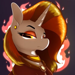 Size: 3200x3200 | Tagged: safe, artist:aquaticvibes, oc, oc only, species:pony, species:unicorn, g4, commission, ear piercing, earring, eyebrows, eyeshadow, female, fire, jewelry, lidded eyes, makeup, mare, necklace, piercing, robe, solo, stern
