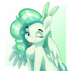 Size: 3200x3200 | Tagged: safe, artist:aquaticvibes, oc, oc only, species:pegasus, species:pony, g4, blep, chest fluff, commission, female, mare, one eye closed, solo, spread wings, tongue out, wings, wink