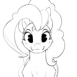 Size: 3200x3200 | Tagged: safe, artist:aquaticvibes, character:pinkie pie, species:earth pony, species:pony, g4, black and white, blushing, cutie mark, female, grayscale, looking at you, mare, monochrome, simple background, sketch, smiling, solo, white background