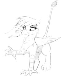 Size: 2726x3196 | Tagged: safe, artist:aquaticvibes, character:gilda, species:griffon, species:human, g4, annoyed, black and white, boop, disembodied hand, duo, female, folded wings, gilda is not amused, grayscale, hand, monochrome, one leg raised, sketch, tail, this will end in death, this will end in tears, this will end in tears and/or death, wings