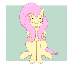 Size: 3364x3038 | Tagged: safe, artist:aquaticvibes, character:fluttershy, species:pegasus, species:pony, g4, eyebrows, eyes closed, female, green background, mare, simple background, sitting, smiling, solo, wings