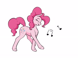 Size: 2573x1940 | Tagged: safe, artist:aquaticvibes, character:pinkie pie, species:earth pony, species:pony, g4, cutie mark, eyes closed, female, mare, music notes, open mouth, simple background, singing, solo, walking, white background