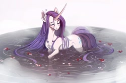 Size: 1200x789 | Tagged: safe, artist:lambibelle, character:rarity, species:pony, species:unicorn, g4, blushing, cute, eyes closed, female, mare, raribetes, rose petals, solo, water, wet, wet mane, wet mane rarity