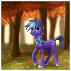 Size: 2600x2600 | Tagged: safe, artist:dash wang, oc, oc only, oc:memory mark, species:earth pony, species:pony, g4, autumn, clothing, earbuds, eyebrows, eyebrows visible through hair, forest, leaves, looking at you, male, scarf, solo, stallion, three quarter view, tree, walking