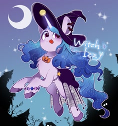Size: 1835x1945 | Tagged: safe, artist:potetecyu_to, character:izzy moonbow, species:pony, species:unicorn, g5, my little pony: a new generation, ball, bracelet, childproof horn, clothing, colored hooves, costume, crescent moon, digital art, female, glowing horn, gradient hair, halloween, hat, holiday, hooves, horn, hornball, izzy's tennis ball, jewelry, magic, mare, moon, multicolored hair, necklace, nightmare night, solo, tennis ball, text, tongue out, toy, unshorn fetlocks, witch, witch hat