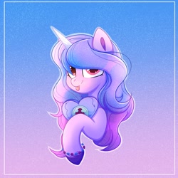 Size: 1200x1200 | Tagged: safe, artist:splashofsweet, character:izzy moonbow, species:pony, species:unicorn, g5, blep, bracelet, bust, colored hooves, female, gradient background, gradient hair, hooves, jewelry, looking at you, mare, multicolored hair, solo, tongue out, unshorn fetlocks