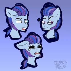 Size: 1200x1200 | Tagged: safe, artist:calmness_lost, character:argyle starshine, species:earth pony, species:pony, g5, bust, crying, emotes, expressions, floppy ears, glasses, male, no pupils, open mouth, sad, sideburns, simple background, smug, solo, sparkles, stallion