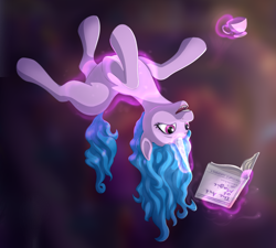 Size: 1024x922 | Tagged: safe, artist:rnghat, character:izzy moonbow, species:pony, species:unicorn, g5, my little pony: a new generation, book, cup, female, glowing, glowing horn, gradient hair, horn, implied starlight glimmer, levitation, magic, magic aura, mare, multicolored hair, open mouth, open smile, self-levitation, smiling, solo, teacup, telekinesis, upside down