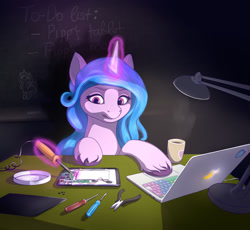 Size: 1024x942 | Tagged: safe, artist:rnghat, character:izzy moonbow, species:pony, species:unicorn, g5, my little pony: a new generation, chalkboard, colored hooves, computer, cup, desk lamp, female, glowing horn, gradient hair, hooves, horn, implied pipp petals, lamp, laptop computer, magic, magic aura, mare, mug, multicolored hair, pliers, repairing, screwdriver, screws, soldering iron, solo, technology, telekinesis, text, unshorn fetlocks