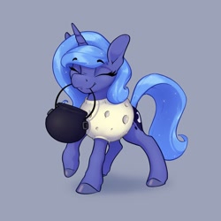 Size: 1900x1900 | Tagged: safe, artist:aquaticvibes, character:princess luna, species:alicorn, species:pony, g4, clothing, colored hooves, costume, cute, cutie mark, eyebrows, eyebrows visible through hair, eyes closed, female, filly, filly luna, gray background, halloween, halloween costume, holding, holiday, hooves, horn, lunabetes, mouth hold, s1 luna, simple background, solo, tail, woona, young, younger