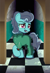 Size: 1400x2050 | Tagged: safe, artist:spellboundcanvas, character:screw loose, species:earth pony, species:pony, g4, clothing, crazy face, creepy, faec, female, hallway, indoors, jumpsuit, looking at you, mare, missing teeth, prison, prison outfit, prisoner, raised hoof, screwdriver, solo, three quarter view