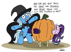 Size: 1024x757 | Tagged: safe, artist:bobthedalek, character:starlight glimmer, character:trixie, species:pony, species:unicorn, g4, assistant's outfit, bipedal, box, box sawing trick, cape, clothing, cuffs (clothes), duo, female, fishnets, food, hat, high heels, inconvenient trixie, magic, magic show, magic trick, mare, pumpkin, shoes, simple background, starlight is not amused, stockings, thigh highs, this will end in, this will end in pain and/or death, this will not end well, unamused, white background, witch costume, witch hat