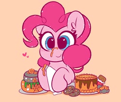 Size: 3100x2600 | Tagged: safe, artist:kittyrosie, character:pinkie pie, species:earth pony, species:pony, g4, blushing, cake, candy, chocolate, cookie, cute, diapinkes, ear fluff, female, floating heart, food, halloween, heart, heart eyes, high res, holiday, icing bag, icing on nose, looking at you, mare, simple background, smiling, solo, wingding eyes