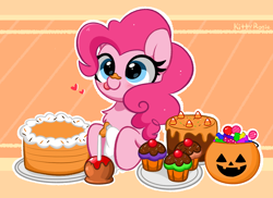 Size: 4096x2989 | Tagged: safe, artist:kittyrosie, character:pinkie pie, species:earth pony, species:pony, g4, abstract background, blushing, cake, candy, chest fluff, chocolate, cookie, cute, diapinkes, ear fluff, female, floating heart, food, halloween, heart, heart eyes, high res, holiday, icing bag, icing on nose, mare, pumpkin bucket, redraw, solo, tongue out, wingding eyes