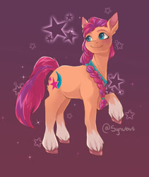 Size: 1015x1200 | Tagged: safe, artist:synubus, character:sunny starscout, species:earth pony, species:pony, g5, abstract background, backwards cutie mark, braid, coat markings, colored hooves, cutie mark, eyebrows, female, gradient background, hooves, mare, raised hoof, signature, smiling, socks (coat marking), solo, stars, tail, teal eyes, unshorn fetlocks, watermark