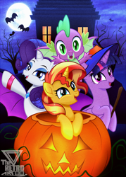 Size: 1440x2008 | Tagged: safe, artist:theretroart88, character:rarity, character:spike, character:sunset shimmer, character:twilight sparkle, character:twilight sparkle (alicorn), species:alicorn, species:dragon, species:pony, species:unicorn, g4, my little pony:equestria girls, bipedal, clothing, costume, cute, female, food, halloween, halloween costume, holiday, jack-o-lantern, looking at you, male, mare, open mouth, pumpkin, shimmerbetes, winged spike, wings