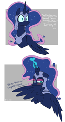 Size: 2124x4000 | Tagged: safe, artist:icey, character:nightmare moon, character:princess luna, species:alicorn, species:pony, g4, abstract background, blushing, comic, dialogue, ethereal mane, female, holiday, lidded eyes, looking at you, mare, nightmare night, pickup lines, solo, text