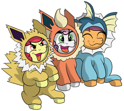 Size: 624x560 | Tagged: safe, artist:doodledonut, character:apple bloom, character:scootaloo, character:sweetie belle, species:earth pony, species:pegasus, species:pony, species:unicorn, g4, apple family member, clothing, costume, crossover, cute, cutie mark crusaders, eyes closed, female, filly, flareon, happy, jolteon, kigurumi, nintendo, onesie, open mouth, open smile, pokémon, simple background, sitting, smiling, transparent background, vaporeon, video game, young