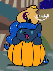Size: 800x1067 | Tagged: safe, artist:flutterluv, character:princess luna, species:alicorn, species:pony, g4, bag, beady eyes, candy, cute, dialogue, female, food, holiday, lunabetes, mare, nightmare night, open mouth, open smile, pumpkin, smiling, solo, sparkly mane