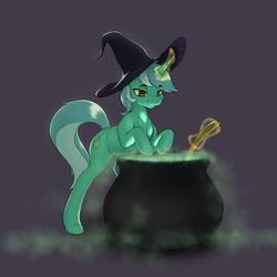 Size: 3050x3050 | Tagged: safe, artist:aquaticvibes, character:lyra heartstrings, species:pony, species:unicorn, g4, bipedal, bipedal leaning, cauldron, clothing, colored hooves, cutie mark, eyebrows, eyebrows visible through hair, female, fog, glowing, glowing horn, gray background, halloween, hat, holiday, hooves, horn, leaning, magic, magic aura, mare, simple background, smiling, solo, spoon, tail, telekinesis, witch, witch hat