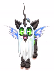 Size: 1560x2048 | Tagged: safe, artist:oddwarg, character:queen chrysalis, species:changeling, g4, bedsheet ghost, changeling queen, clothing, costume, cute, cutealis, female, ghost, green eyes, halloween, holiday, horn, looking at you, mare, nightmare night, open mouth, open smile, quadrupedal, simple background, smiling, smiling at you, solo, spread wings, trick or treat, undead, white background, wings