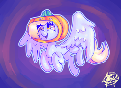 Size: 2600x1900 | Tagged: safe, artist:mannybcadavera, manebooru spotlight, character:derpy hooves, species:pegasus, species:pony, g4, abstract background, colored eyebrows, eye clipping through hair, eyebrows, eyebrows visible through hair, female, flying, food, halloween, holiday, mare, open mouth, pumpkin, signature, solo, spread wings, wings
