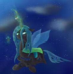 Size: 1361x1384 | Tagged: safe, artist:moonlightrift, character:queen chrysalis, species:changeling, g4, changeling queen, crown, female, glowing horn, horn, horn jewelry, horn ring, jewelry, lying down, magic, magic aura, night, regalia, ring, solo, spread wings, telekinesis, wings