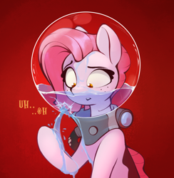 Size: 716x735 | Tagged: safe, artist:rexyseven, oc, oc only, oc:koraru koi, species:pony, species:seapony (g4), g4, bubble helmet, colored pupils, dialogue, female, freckles, leaking, mare, peril, raised hoof, red background, simple background, solo, text, this will end in death, water