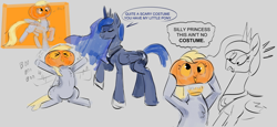 Size: 3065x1416 | Tagged: safe, artist:another_pony, character:derpy hooves, character:princess luna, species:alicorn, species:pegasus, species:pony, g4, boo, chest fluff, dialogue, duo, eyes closed, female, folded wings, food, halloween, headless, holiday, jack-o-lantern, jewelry, mare, nightmare night, open mouth, open smile, pumpkin, pumpkin head, raised hoof, regalia, sitting, smiling, speech bubble, surprised, text, waving arms, wings