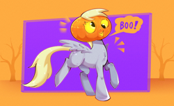 Size: 1860x1136 | Tagged: safe, artist:another_pony, character:derpy hooves, species:pegasus, species:pony, g4, boo, dead tree, dialogue, female, food, halloween, holiday, jack-o-lantern, mare, nightmare night, pumpkin, pumpkin head, solo, speech bubble, text, tree, wings