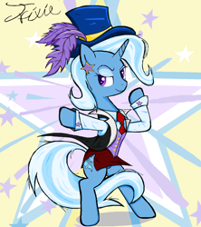 Size: 1214x1368 | Tagged: safe, artist:sallycars, character:trixie, species:pony, species:unicorn, g4, abstract background, bipedal, clothing, digital art, ear piercing, female, hat, jewelry, mare, ms paint, necktie, piercing, shirt, solo, text, three quarter view, vest, waistcoat