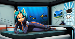 Size: 2000x1057 | Tagged: safe, artist:mrscroup, oc, oc only, species:anthro, species:unicorn, g4, base, bed, bedroom, cat, clothing, crossover, diving suit, ear fluff, female, fish, freckles, hand, hand on head, horn, indoors, looking at you, lying down, mare, ocean, pillow, poster, smiling, solo, subnautica, underwater, unicorn oc, video game crossover