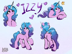 Size: 1200x900 | Tagged: safe, artist:lazybread, character:izzy moonbow, species:unicorn, g5, collage, gradient hair, heart, multicolored hair, solo, text, unshorn fetlocks