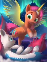 Size: 1600x2100 | Tagged: safe, artist:auroriia, character:sunny starscout, character:zipp storm, species:alicorn, species:pegasus, species:pony, g5, my little pony: a new generation, alicornified, artificial alicorn, artificial horn, artificial wings, augmented, aurora borealis, coat markings, colored hooves, colored wings, cutie mark, duo, duo female, female, females only, flying, hooves, looking at each other, magic, mare, multicolored wings, profile, race swap, signature, sky, socks (coat marking), spread wings, stars, sunnycorn, wings