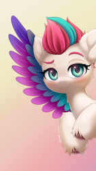 Size: 1800x3200 | Tagged: safe, artist:symbianl, character:zipp storm, species:pegasus, species:pony, g5, adorazipp, blushing, cheek fluff, colored eyebrows, colored hooves, colored wings, cute, ear fluff, female, gradient background, hooves, leg fluff, looking at you, mare, multicolored wings, neck fluff, simple background, smiling, solo, spread wings, unshorn fetlocks, wings