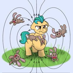 Size: 1280x1280 | Tagged: safe, artist:doodledonut, character:hitch trailblazer, species:earth pony, species:pony, species:rabbit, g5, animal, blaze (coat marking), critter magnet, field lines, floppy ears, frown, grass, hitch is not amused, literal, magnetic field, male, pun, raised hoof, simple background, solo, stallion, visual gag