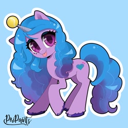 Size: 900x900 | Tagged: safe, artist:waifusforsale, character:izzy moonbow, species:pony, species:unicorn, g5, ball, blep, childproof horn, cute, horn, izzybetes, solo, tennis ball, tongue out, toy, unshorn fetlocks
