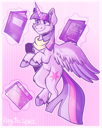 Size: 2000x2500 | Tagged: safe, artist:ray-in-space, character:twilight sparkle, character:twilight sparkle (alicorn), species:alicorn, species:pony, g4, abstract background, book, bookhorse, cheek fluff, chest fluff, colored hooves, ear fluff, eye clipping through hair, female, fluffy, glowing horn, hooves, horn, levitation, magic, magic aura, mare, simple background, smiling, solo, spread wings, starry eyes, telekinesis, unshorn fetlocks, wing fluff, wingding eyes, wings