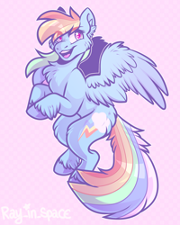 Size: 2000x2500 | Tagged: safe, artist:ray-in-space, character:rainbow dash, species:pegasus, species:pony, g4, cheek fluff, chest fluff, colored hooves, colored pupils, ear fluff, eye clipping through hair, female, fluffy, flying, hooves, leg fluff, looking at you, mare, open mouth, signature, simple background, solo, spread wings, starry eyes, three quarter view, unshorn fetlocks, wing fluff, wings