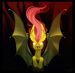 Size: 3228x3146 | Tagged: safe, artist:opalacorn, character:flutterbat, character:fluttershy, species:bat pony, species:pony, g4, bat ponified, bat wings, fangs, female, glowing eyes, looking at you, mare, race swap, redraw, sharp teeth, solo, spread wings, wings