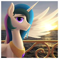 Size: 2600x2600 | Tagged: safe, artist:dash wang, character:princess celestia, species:alicorn, species:pony, g4, backlighting, female, horn, looking at you, mare, ocean, profile, solo, spread wings, sunset, wings