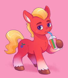 Size: 734x842 | Tagged: safe, artist:freyofelt, character:sprout, species:earth pony, species:pony, g5, chest fluff, coat markings, colored hooves, hoof hold, hooves, male, pink background, simple background, smoothie, socks (coat marking), solo, stallion, unshorn fetlocks