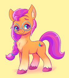 Size: 664x744 | Tagged: safe, artist:freyofelt, character:sunny starscout, species:earth pony, species:pony, g5, chest fluff, coat markings, colored hooves, cute, female, glasses, hooves, mare, simple background, socks (coat marking), solo, sunnybetes, three quarter view, unshorn fetlocks, yellow background