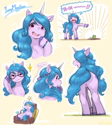 Size: 1071x1200 | Tagged: safe, artist:koishi_chikasa, character:izzy moonbow, species:pony, species:unicorn, g5, ball, beans, chair, childproof horn, collage, colored hooves, cute, dialogue, female, glasses, gradient mane, hooves, horn, hornball, izzy's beans, izzy's tennis ball, izzybetes, mare, massage chair, multicolored hair, profile, raised hoof, round glasses, sitting, sparkles, speech bubble, tennis ball, text, toy, underhoof, unshorn fetlocks