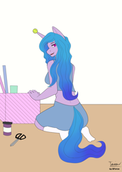Size: 3307x4677 | Tagged: safe, artist:sforce, character:izzy moonbow, species:anthro, species:plantigrade anthro, species:unicorn, g5, my little pony: a new generation, ball, childproof horn, clothing, female, gradient hair, horn, hornball, izzy's tennis ball, kneeling, looking at you, looking back, looking back at you, mare, midriff, multicolored hair, scissors, shorts, signature, socks, solo, stocking feet, tank top, tennis ball, toy