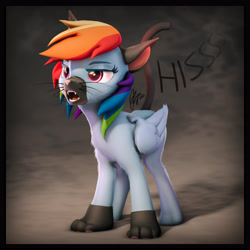 Size: 5400x5400 | Tagged: safe, artist:imafutureguitarhero, artist:silentwulv, character:rainbow dash, species:pegasus, species:pony, g4, 2d to 3d, 3d, absurd resolution, adaptation, animal costume, arm fluff, behaving like a cat, belly fluff, body fluff, border, butt fluff, cat costume, cat ears, cat tail, cheek fluff, chest fluff, chromatic aberration, clothing, colored eyebrows, colored eyelashes, costume, face mask, fangs, female, film grain, floppy ears, fluff, fluffy, fur, gloves, hissing, leg fluff, mare, mask, multicolored hair, neck fluff, open mouth, paw gloves, recursive fanart, revamped ponies, sharp teeth, signature, solo, source filmmaker, square, tail, text, wall of tags, whiskers, wing fluff, wings