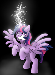 Size: 2033x2766 | Tagged: safe, artist:doodledonut, character:twilight sparkle, character:twilight sparkle (alicorn), species:alicorn, species:pony, ponytober, g4, angry, bipedal, female, gritted teeth, lightning, magic, mare, rearing, simple background, solo, spell, spread wings, wings