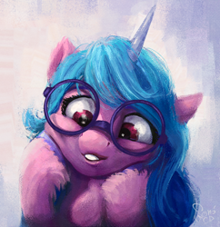 Size: 1200x1240 | Tagged: safe, artist:nemo2d, character:izzy moonbow, species:pony, species:unicorn, g5, my little pony: a new generation, abstract background, bust, colored hooves, cute, digital painting, female, glasses, gradient mane, hooves, hooves on cheeks, izzybetes, looking down, mare, multicolored hair, open mouth, portrait, round glasses, solo, squishy cheeks, unshorn fetlocks