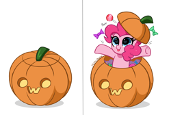 Size: 6183x4144 | Tagged: safe, artist:kittyrosie, character:pinkie pie, species:earth pony, species:pony, g4, absurd resolution, blep, blushing, candy, cute, diapinkes, female, food, halloween, heart eyes, hiding, holiday, jack-o-lantern, lollipop, mare, open mouth, owo, pumpkin, simple background, solo, tongue out, underhoof, white background, wingding eyes