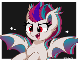 Size: 5504x4281 | Tagged: safe, artist:kittyrosie, character:zipp storm, species:bat pony, species:pegasus, species:pony, g5, my little pony: a new generation, absurd resolution, bat ponified, bat wings, black background, bust, chest fluff, colored wings, ear fluff, fangs, female, mare, multicolored wings, open mouth, open smile, race swap, red eyes, sharp teeth, signature, simple background, smiling, solo, species swap, stars, three quarter view, wings